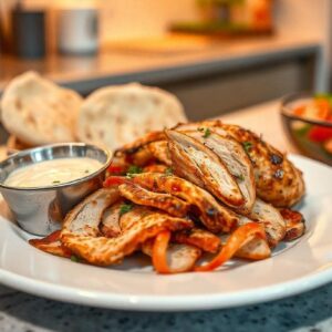 A plate of homemade chicken shawarma served with pita bread, garlic sauce, and cucumber-tomato salad on a modern kitchen counter.