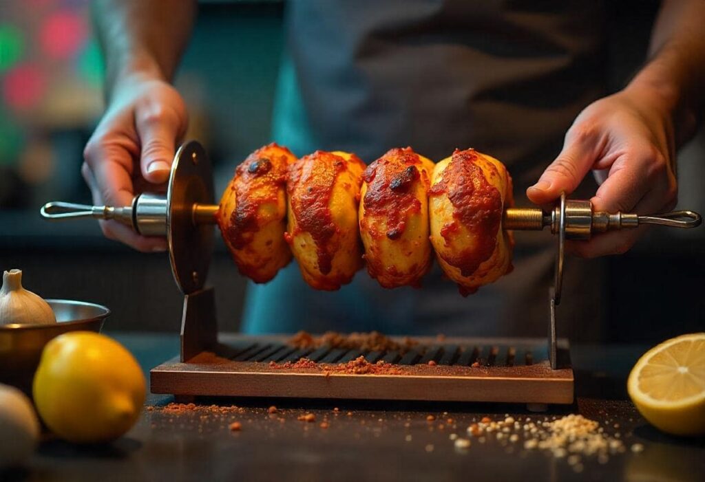 A close-up of marinated chicken stacked onto a rotisserie spit.