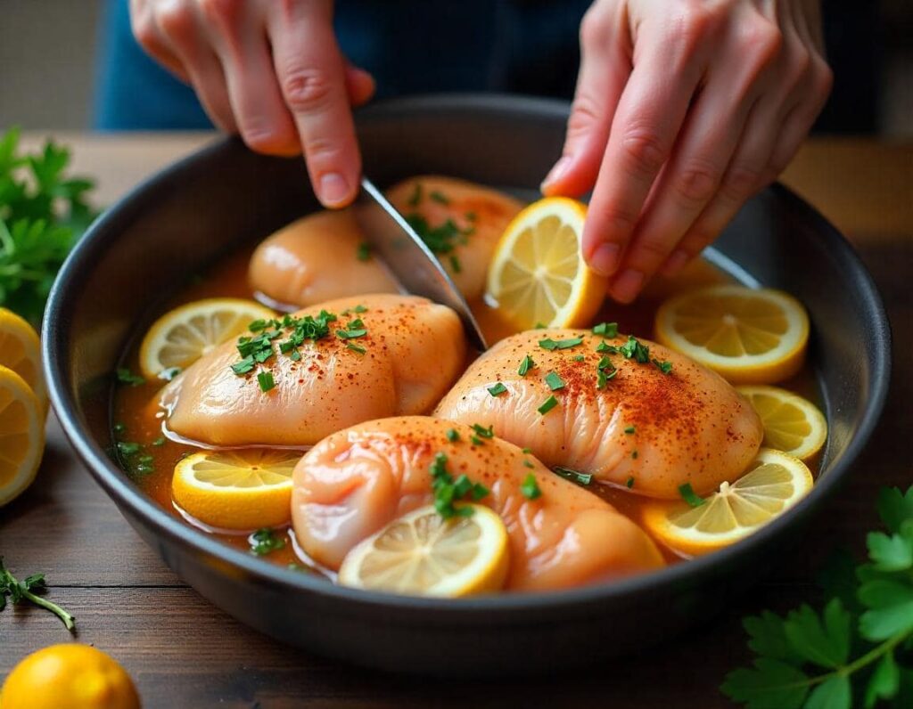 Chicken breasts marinated with olive oil, lemon, garlic, and Mediterranean herbs, ready for grilling or baking.Generated by IA (Freepik plateform)