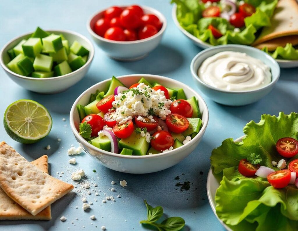 Colorful Mediterranean toppings with cucumbers, cherry tomatoes, feta cheese, and tzatziki sauce, perfect for tacos.