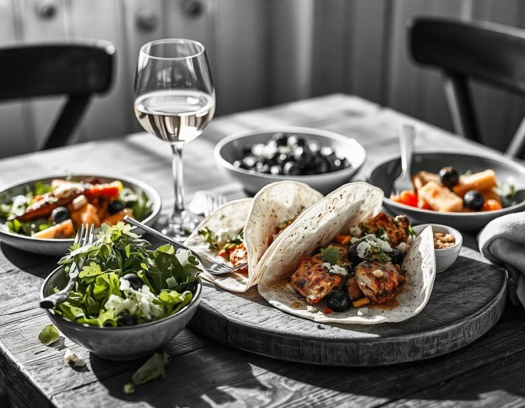 Mediterranean chicken tacos served with Greek salad, roasted vegetables, and white wine for a complete meal.

Image generataed by Ia