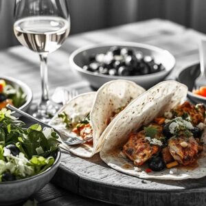 A featured spread of Mediterranean chicken tacos paired with Greek salad, roasted vegetables, and white wine, showcasing vibrant Mediterranean flavors.