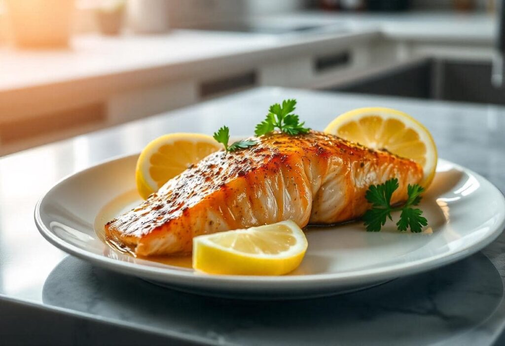 Delicious Cajun Honey Butter Salmon garnished with parsley and lemon wedges on a kitchen countertop.