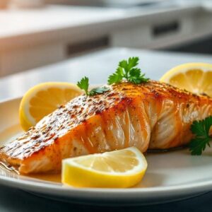 Perfectly plated Cajun Honey Butter Salmon with parsley and lemon wedges on a modern kitchen countertop.