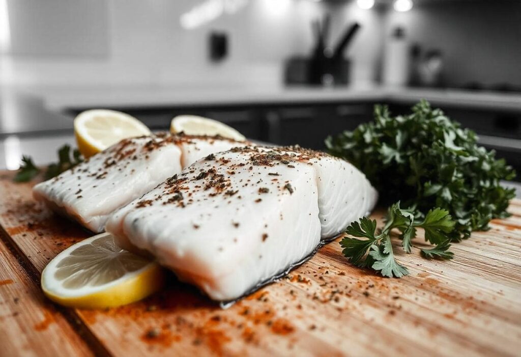 "Fresh salmon fillets seasoned with Cajun spices and garnished with lemon wedges on a wooden cutting board.