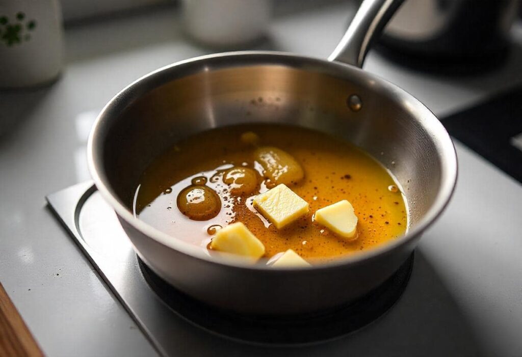 Making Cajun Honey Butter with melted butter, honey, garlic, and Cajun seasoning in a saucepan.