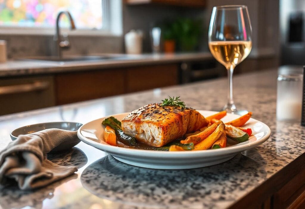 Plated Cajun Honey Butter Salmon served with roasted vegetables and a glass of white wine on a dining table.