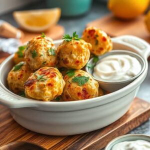 A bowl of homemade Greek Chicken Bites garnished with parsley, served with tzatziki and lemon wedges on a modern kitchen countertop.