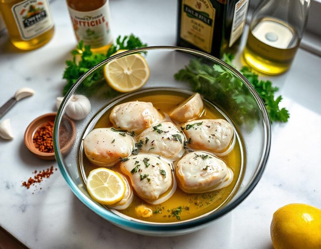 Greek Chicken Bites marinating in a glass bowl with olive oil, garlic, oregano, and lemon slices on a modern kitchen countertop.Generated by Ia (Freepik plateform)