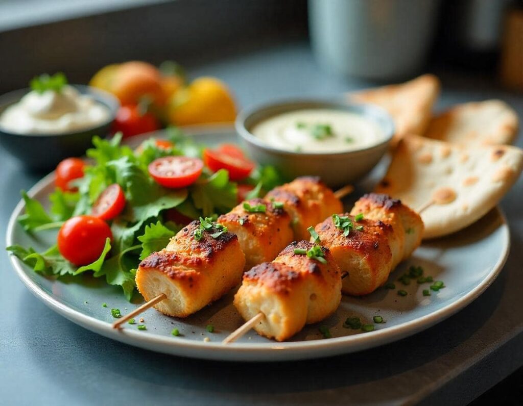 Serving suggestion for Greek Chicken Bites with a platter including skewers, Greek salad, pita bread, and hummus on a modern kitchen countertop.