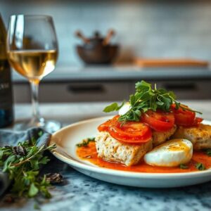 Serving suggestions for Pollo Caprese with arugula salad, roasted vegetables, and a glass of white wine, presented on a modern kitchen countertop.