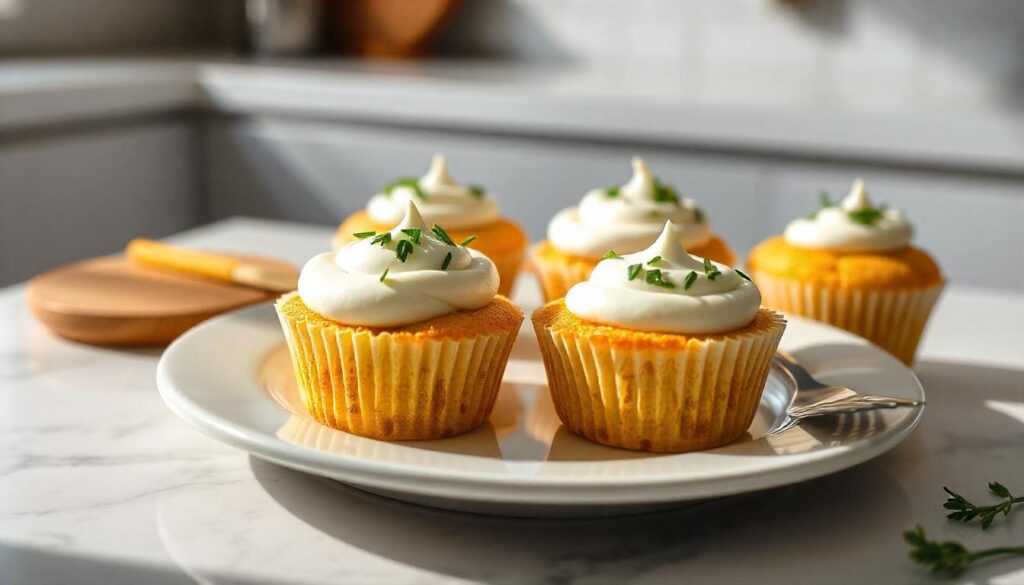 Homemade egg cupcakes with yogurt, garnished with fresh herbs, served on a white plate on a modern kitchen countertop