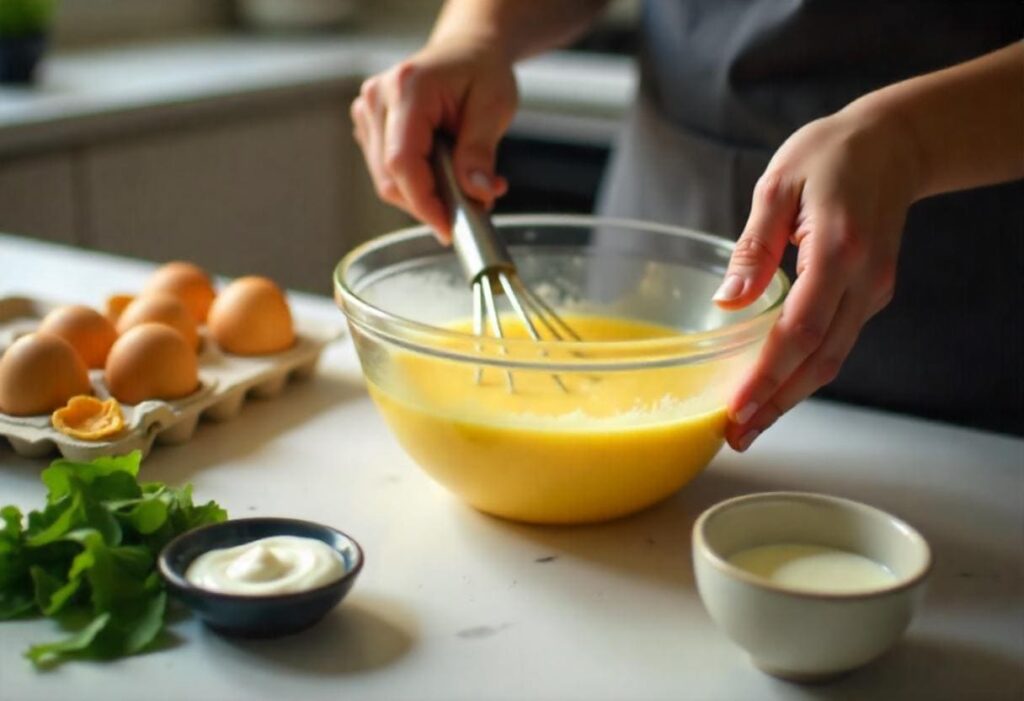 Hands whisking eggs in a bowl, with Greek yogurt, chopped veggies, and eggs on a modern kitchen countertop, preparing egg cupcakes with yogurt.