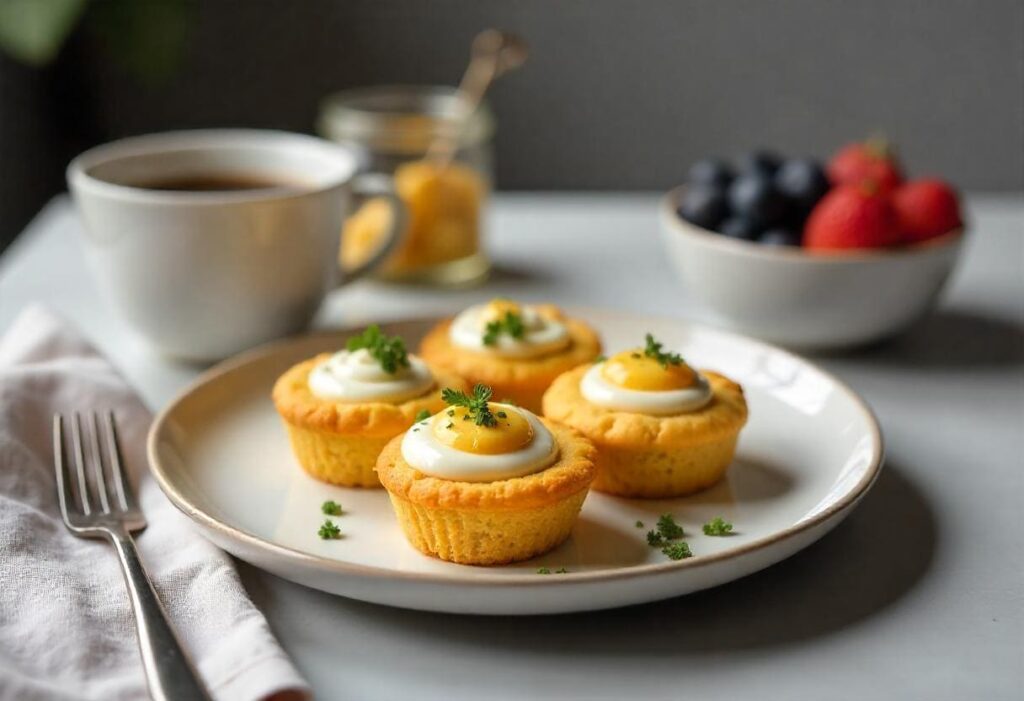 Breakfast table setting with egg cupcakes with yogurt, fresh fruit, coffee, and honey, served on a modern kitchen countertop.