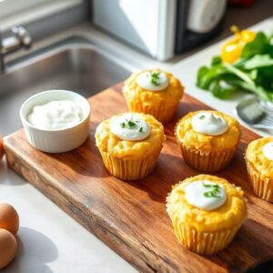 Overhead view of homemade egg cupcakes with yogurt on a rustic wooden board, surrounded by Greek yogurt, fresh veggies, and kitchen utensils on a modern countertop.