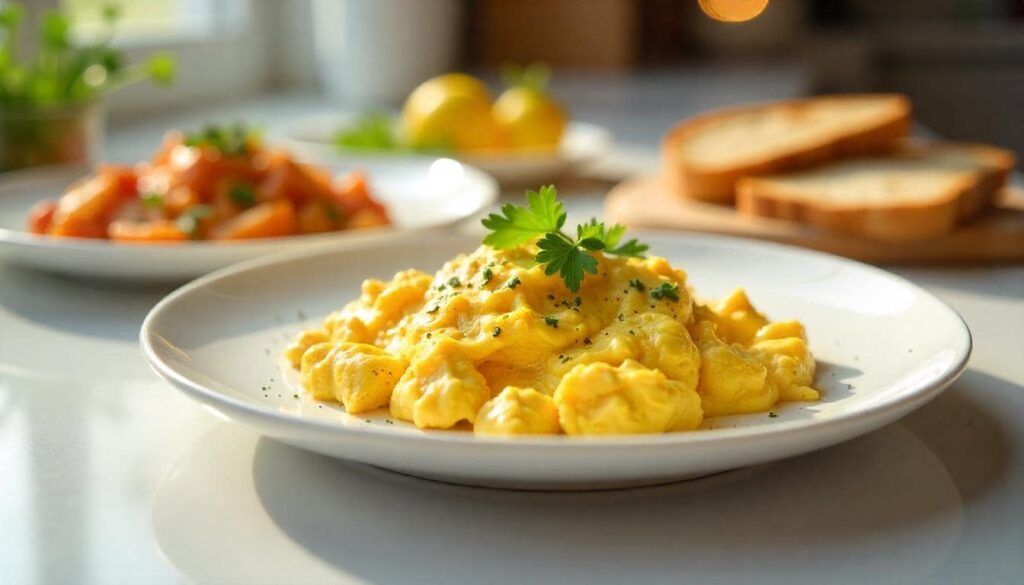 Homemade yogurt scrambled eggs served on a modern kitchen countertop, garnished with fresh herbs and accompanied by slices of toasted bread. Bright natural lighting enhances the inviting presentation