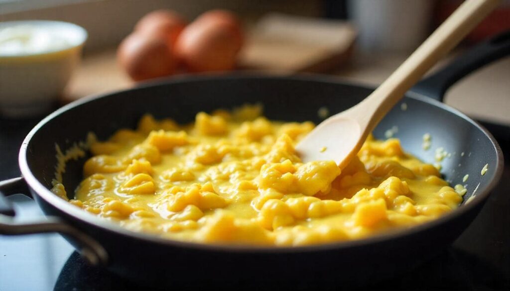 Close-up of homemade yogurt scrambled eggs being cooked in a non-stick pan, with a silicone spatula stirring the creamy mixture. Ingredients like yogurt and fresh eggs are visible in the modern kitchen background.