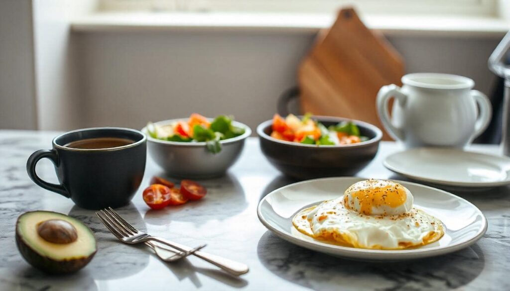 Homemade yogurt scrambled eggs served with avocado slices, a fresh salad, and a cup of coffee on a minimalist kitchen countertop. The setting highlights a balanced, appetizing breakfast scene.