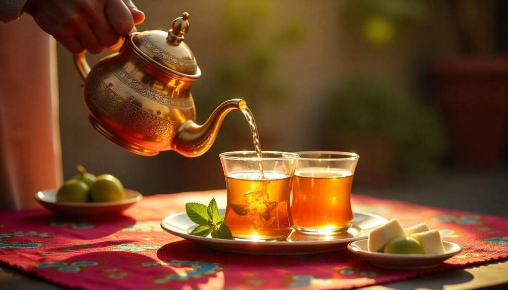 A traditional Moroccan tea ceremony with mint tea being poured into ornate glasses, surrounded by fresh mint leaves and sugar cubes.