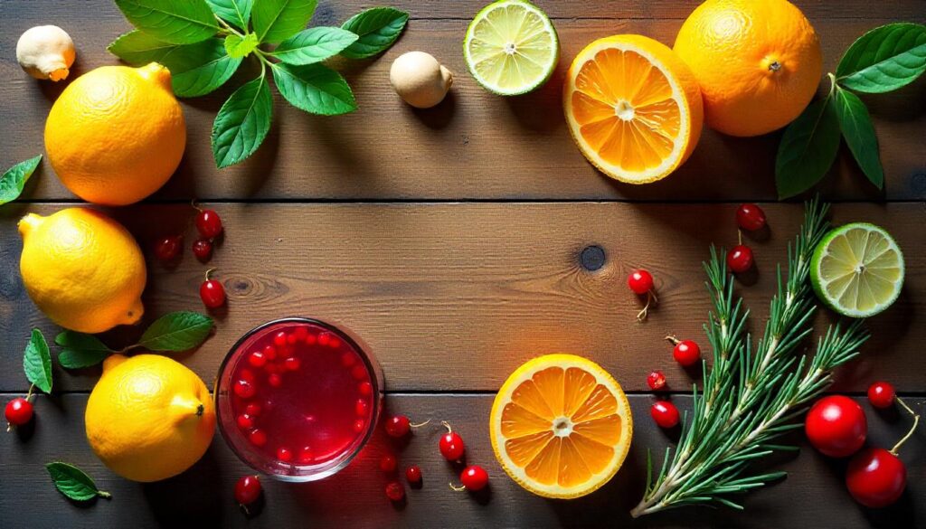 Fresh Mediterranean ingredients including lemons, oranges, mint, pomegranates, and rosemary displayed on a rustic wooden table.