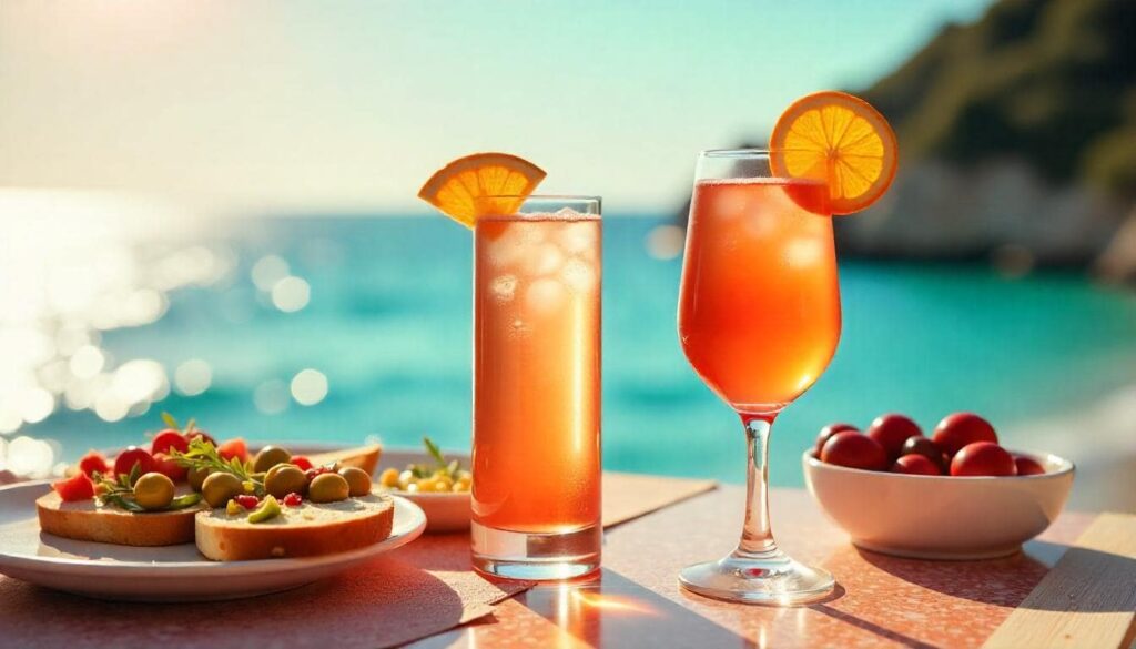 A glass of Aperol Spritz garnished with an orange slice, set against a sunny Mediterranean seaside backdrop with appetizers.