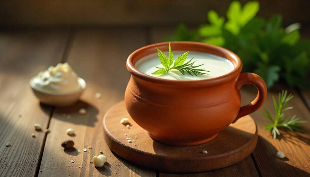 A clay mug filled with Turkish Ayran, garnished with mint and dill, surrounded by yogurt and herbs on a rustic table.