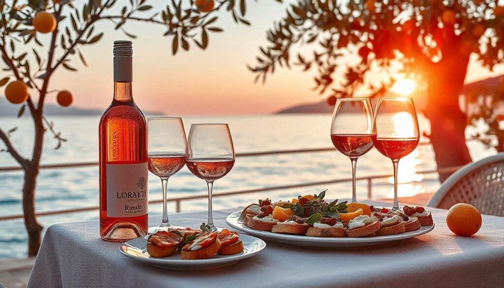 A serene Mediterranean seaside table featuring a bottle of rosé wine, glasses, and appetizers, framed by olive trees and a pink sunset.