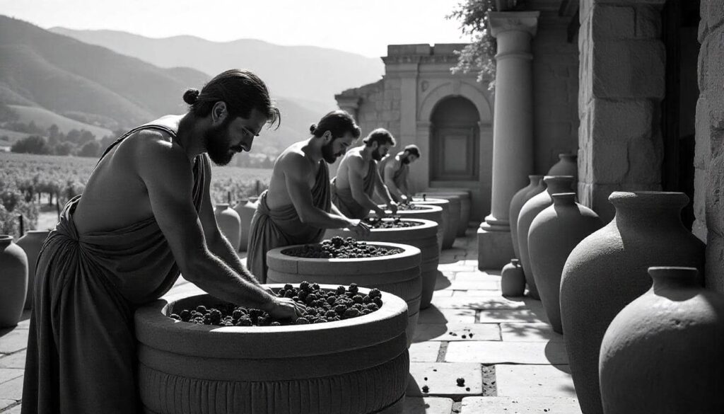 Ancient Mediterranean winemaking scene with Greeks or Romans stomping grapes in stone vats, amphorae, and vineyards in the background.