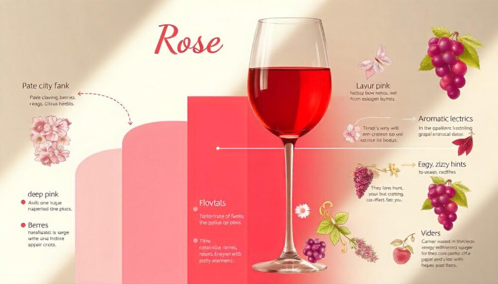 "Infographic displaying rosé wine characteristics, including color gradients, fruity and floral flavor notes, and aromatic elements with decorative vines.