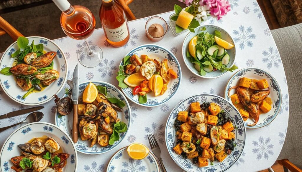 Top-down view of a Mediterranean dining table with dishes like grilled seafood, salads, and ratatouille, accompanied by a bottle of rosé wine.