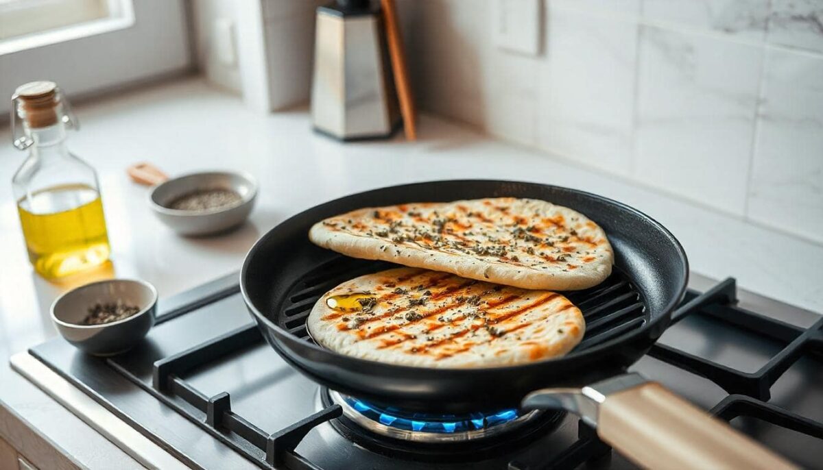 A step-by-step moment of preparing homemade grilled pita bread.