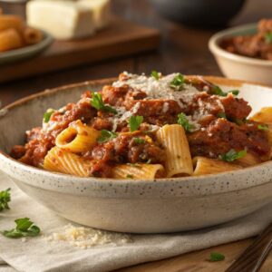 A bowl of homemade beefaroni with rigatoni pasta, coated in a rich, meaty tomato sauce, and garnished with freshly grated Parmesan cheese and chopped parsley. Served in a rustic ceramic bowl on a wooden table with warm, cozy lighting.