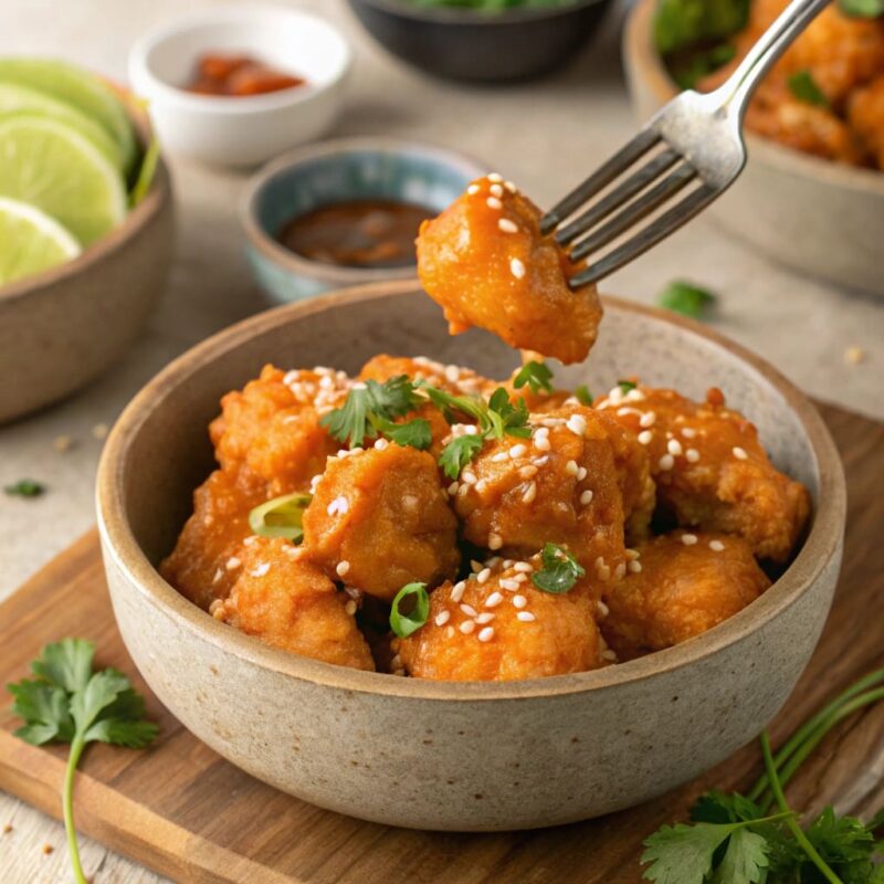 A serving of Bang Bang Chicken with a side of spicy, creamy dipping sauce in a small bowl, accompanied by fresh cilantro and a wedge of lime.