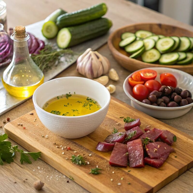 A rustic kitchen countertop displaying fresh Mediterranean ingredients: marinated steak in a bowl with olive oil, lemon juice, garlic, and herbs. A wooden cutting board holds sliced cucumbers, cherry tomatoes, red onions, and Kalamata olives, while a hand squeezes fresh lemon juice over the steak. A small dish of tzatziki and pita bread sit in the background.