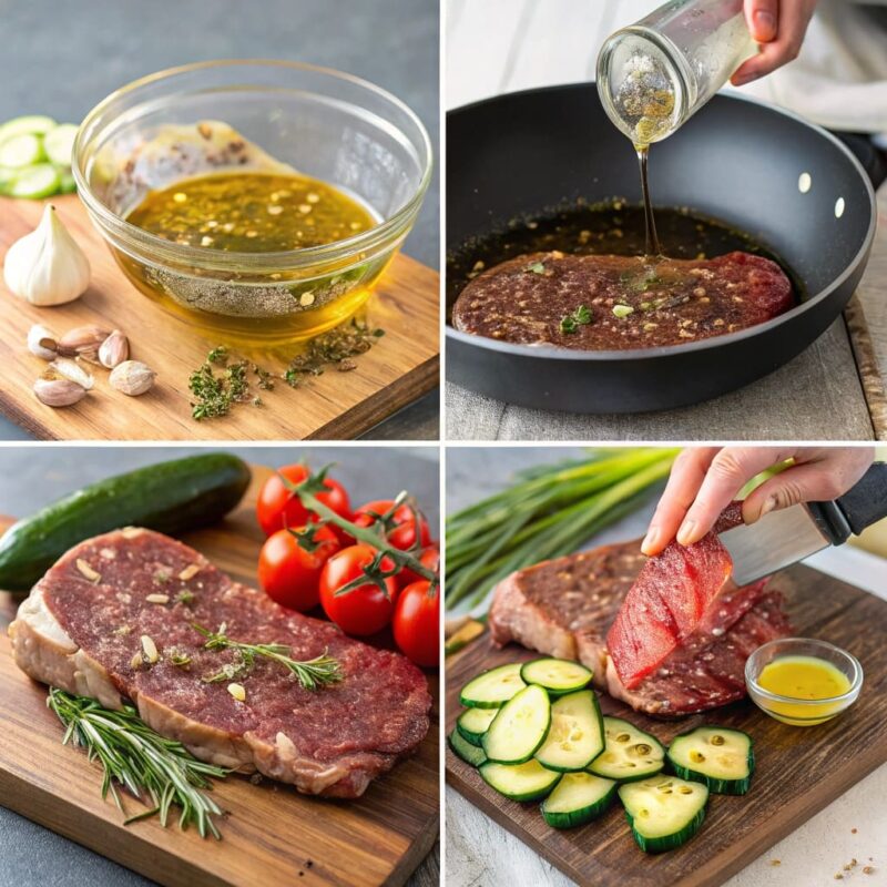 A four-step collage of preparing a Mediterranean steak bowl. Step 1: Raw steak marinating in olive oil, lemon, and herbs. Step 2: Steak sizzling in a cast-iron pan with a golden-brown sear. Step 3: Fresh vegetables—cherry tomatoes, cucumbers, and red onions—being chopped on a wooden cutting board. Step 4: The final assembled steak bowl with grains, vegetables, feta cheese, avocado, and tzatziki sauce, drizzled with olive oil.