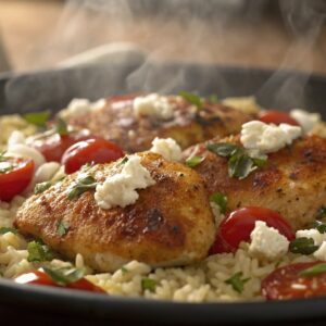 A close-up of golden-browned Greek chicken resting on a bed of lemon-infused rice, garnished with fresh parsley. The dish is served in a rustic pan, with vibrant Mediterranean colors and steam rising, making it look irresistibly delicious.