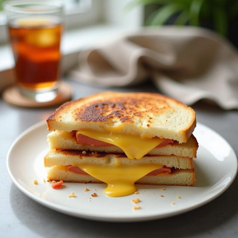 A freshly made homemade grilled cheese with pita bread, cut in half with melted cheese oozing out. The sandwich is placed on a white ceramic plate on a modern kitchen countertop, with a glass of iced tea and a linen napkin in the background. Soft natural lighting enhances the golden, crispy texture