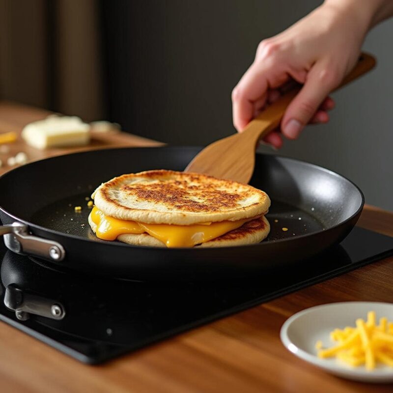 A close-up of a homemade pita grilled cheese being cooked in a non-stick pan. One side is already golden brown while the cheese inside melts. A wooden spatula rests nearby, and ingredients like shredded cheese and butter are scattered on the modern kitchen countertop, creating a natural home-cooking vibe.