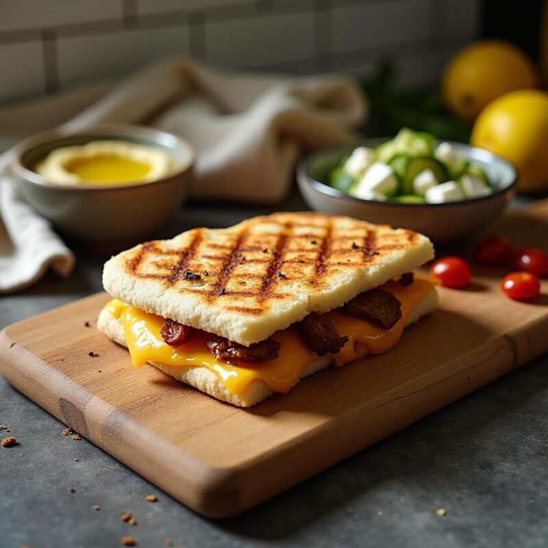 A homemade grilled cheese with pita bread served on a rustic wooden cutting board, with cheese slightly oozing out. Accompanied by a small bowl of hummus, a Greek salad with cucumbers and feta, and a few sun-dried tomatoes. The modern kitchen countertop has a casual, lived-in feel, with natural lighting highlighting the dish.