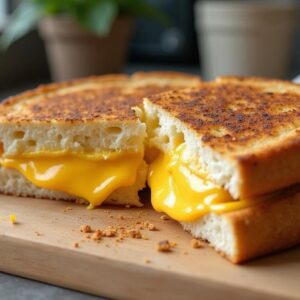 A crispy homemade grilled cheese with pita bread, sliced open to reveal gooey, melted cheese, sitting on a wooden cutting board on a modern kitchen countertop with soft natural light.