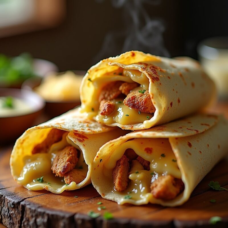 Close-up of crispy, golden-brown cheesy garlic chicken wraps with melted cheese oozing from the sides. Juicy, seasoned chicken with garlic and fresh herbs is visible inside the folded tortilla. The wraps are served on a rustic wooden table with a side of creamy garlic sauce, shredded cheese, and parsley. Steam rises from the warm wraps, making them look fresh and irresistible