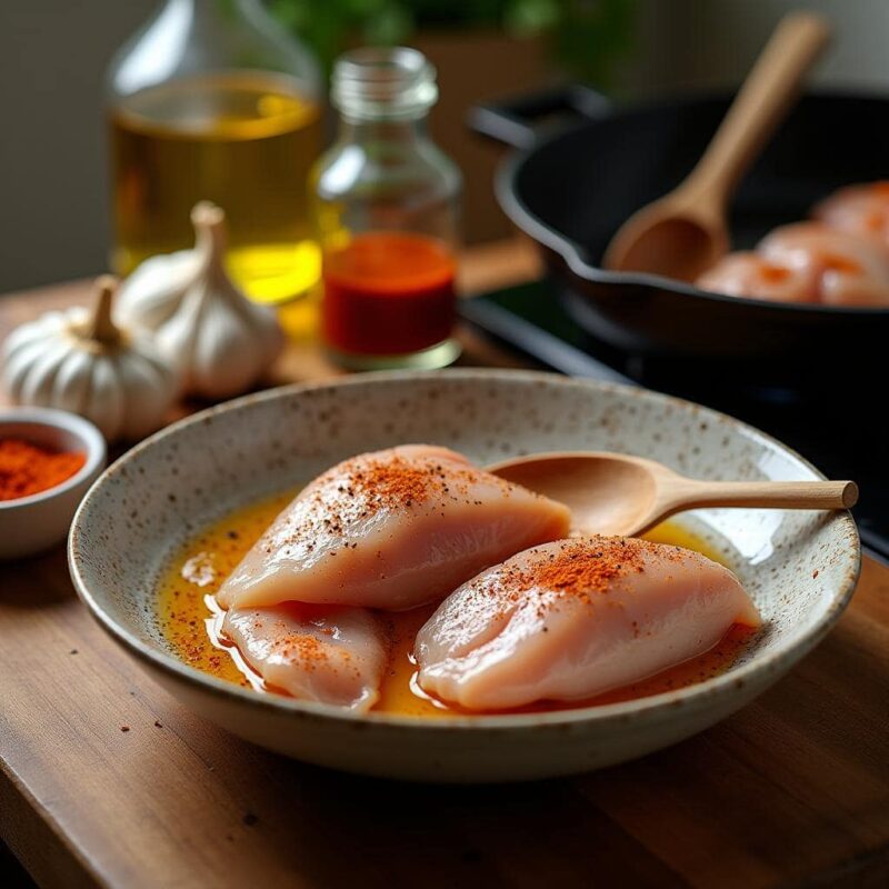 Close-up of bite-sized chicken pieces marinating in a bowl with olive oil, salt, black pepper, paprika, and garlic powder. A wooden spoon stirs the mixture, ensuring even seasoning. Fresh garlic cloves, paprika, and a bottle of olive oil are placed on a rustic wooden countertop, with a skillet heating up in the background.