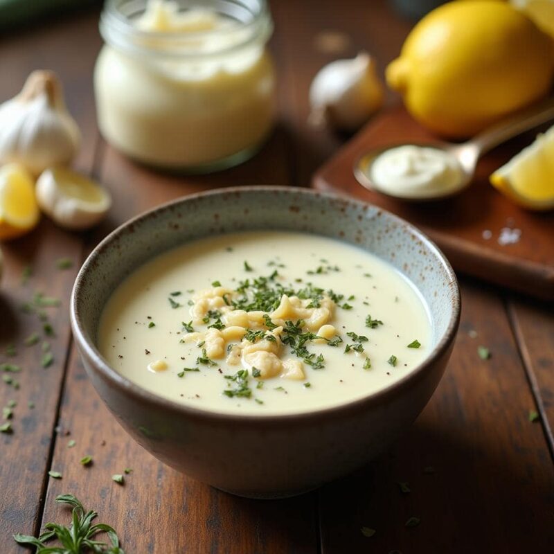 Close-up of homemade creamy garlic sauce being whisked in a bowl, with fresh minced garlic, oregano, and salt on top. Surrounding ingredients include mayonnaise, sour cream, lemon wedges, and garlic cloves, all placed on a rustic wooden countertop with warm, natural lighting.