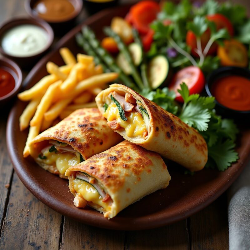 Top-down view of a serving platter with cheesy garlic chicken wraps, crispy French fries, roasted vegetables, and a fresh green salad. Small bowls of garlic aioli, ranch dressing, marinara sauce, BBQ sauce, and spicy sriracha mayo are arranged around the platter on a rustic wooden table