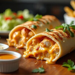 Close-up of a cheesy garlic chicken wrap, sliced in half to reveal melted cheese and seasoned chicken inside a golden-brown, crispy tortilla. The wrap is served on a wooden cutting board with fresh parsley, a drizzle of garlic sauce, and small bowls of dipping sauces, with a side of crispy French fries and a green salad.