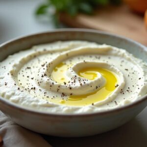 A bowl of homemade whipped labneh with a smooth, creamy texture, drizzled with olive oil and sprinkled with za’atar. It rests on a modern kitchen countertop, surrounded by a spoon, cloth napkin, and a rustic wooden cutting board. The lighting is natural and slightly uneven, giving it an authentic, homemade feel.