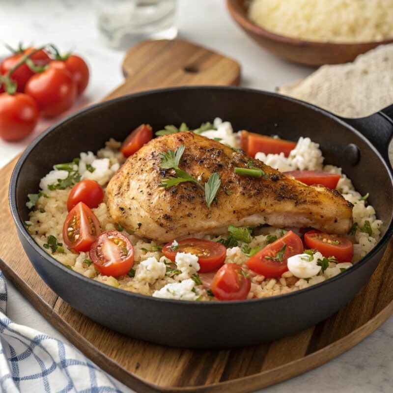 A beautifully arranged display of fresh Mediterranean ingredients: raw chicken, lemon slices, fragrant garlic, oregano, cumin, and a bowl of uncooked basmati rice. The ingredients are artfully placed, ready to create a flavorful Greek Chicken and Lemon Rice dish.