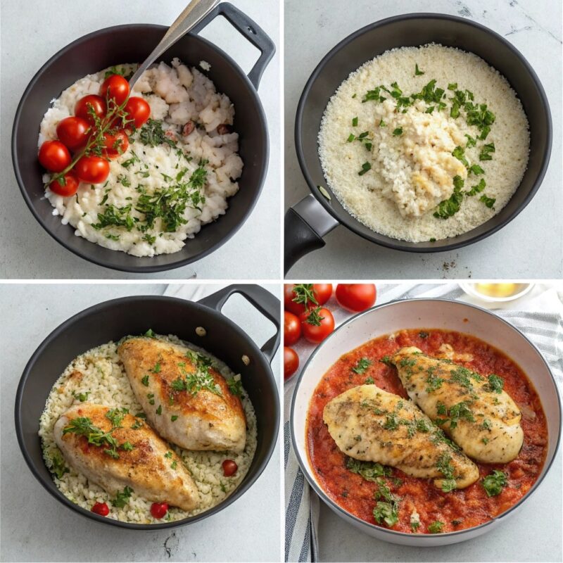 A four-part step-by-step visual guide to making Greek Chicken and Lemon Rice: (1) Chicken being seasoned with spices, (2) Searing chicken to golden perfection in a skillet, (3) Simmering rice in broth and lemon juice, and (4) The final plated dish with fresh parsley garnish, ready to serve.